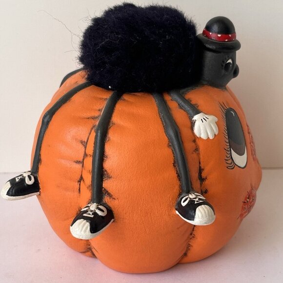 Vintage 80s Kitsche Spider on Hand Painted Halloween Jack O Lantern Pumpkin 1988 - Picture 3 of 9